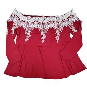Rosegal Woman's Bright Red White Lace Trim 3/4 Sleeve Peplum‎ Top NWT Plus 4X